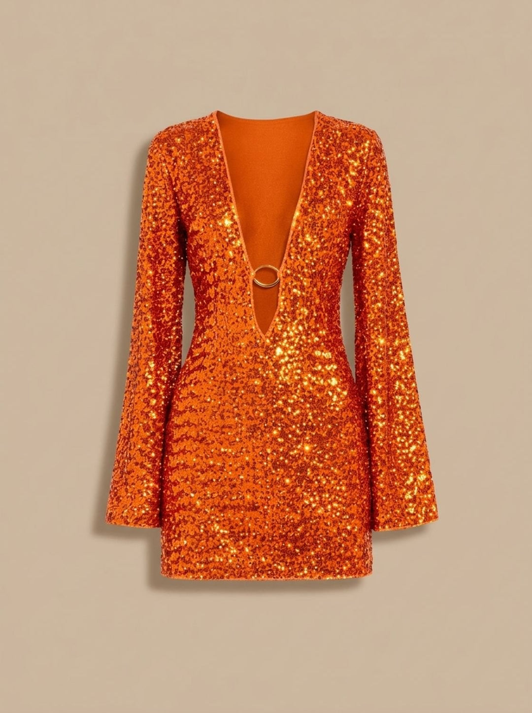 Dames Pailletten Mini-jurk Diepe V-hals Lange Mouwen - Oranje