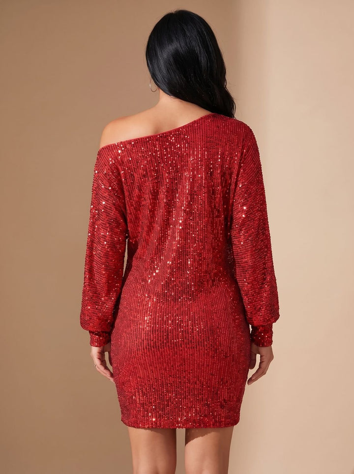 Dames Pailletten Mini-jurk met Off-Shoulder Halslijn