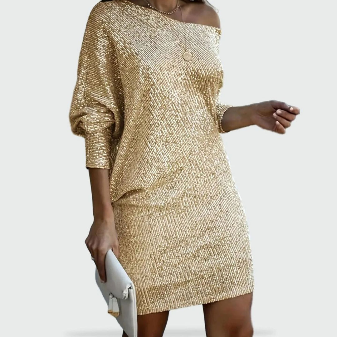 Dames Pailletten Off-Shoulder Feestjurk Mini - Goud