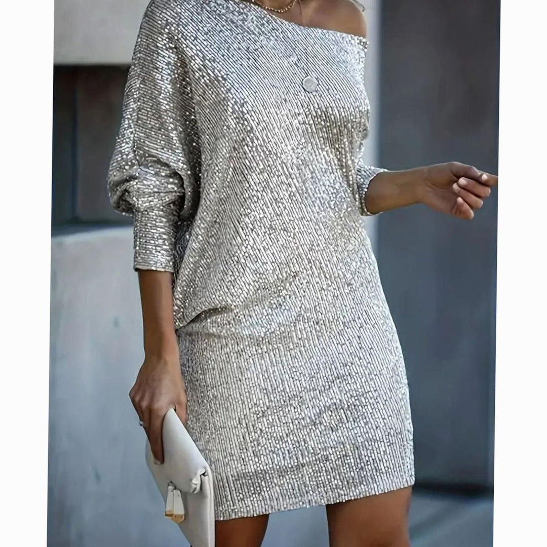 Dames Pailletten Off-Shoulder Feestjurk Mini - Grijs