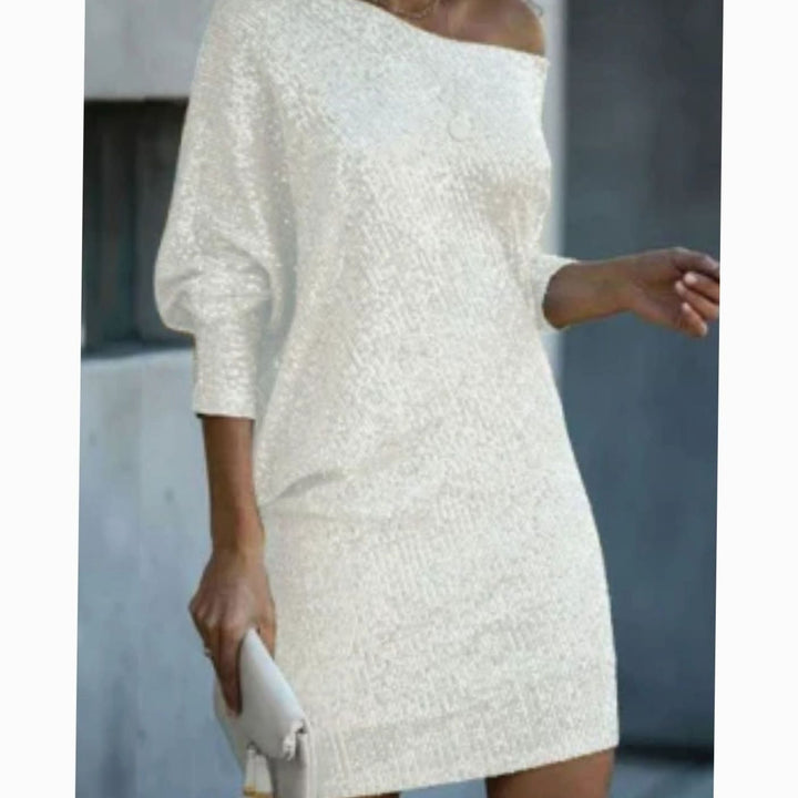 Dames Pailletten Off-Shoulder Feestjurk Mini - Wit