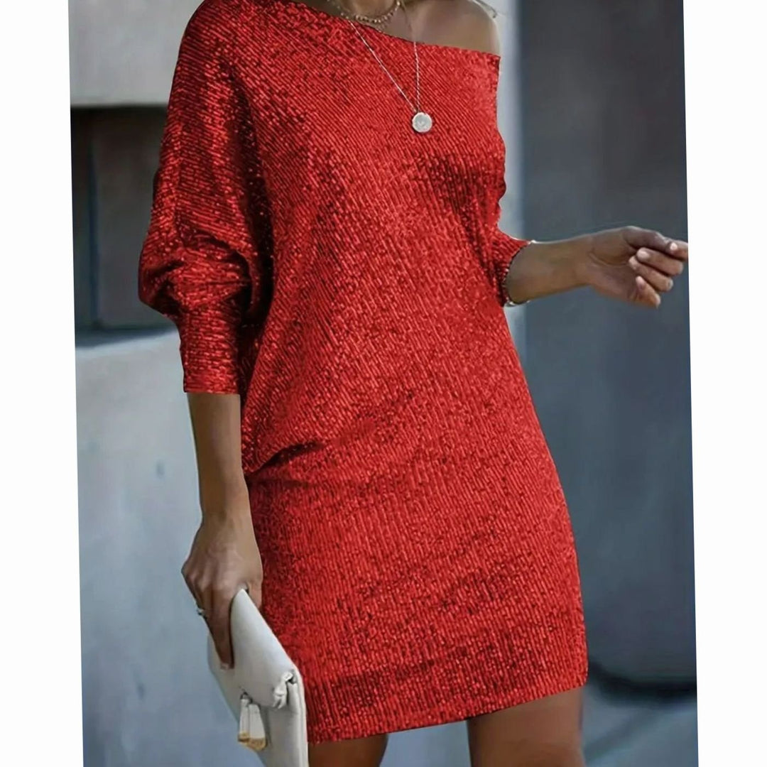 Dames Pailletten Off-Shoulder Feestjurk Mini - Rood