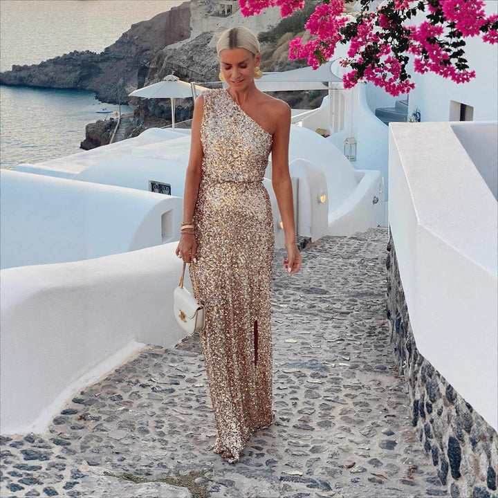 Dames Pailletten One-Shoulder Maxi Cocktaildress Zijsplit