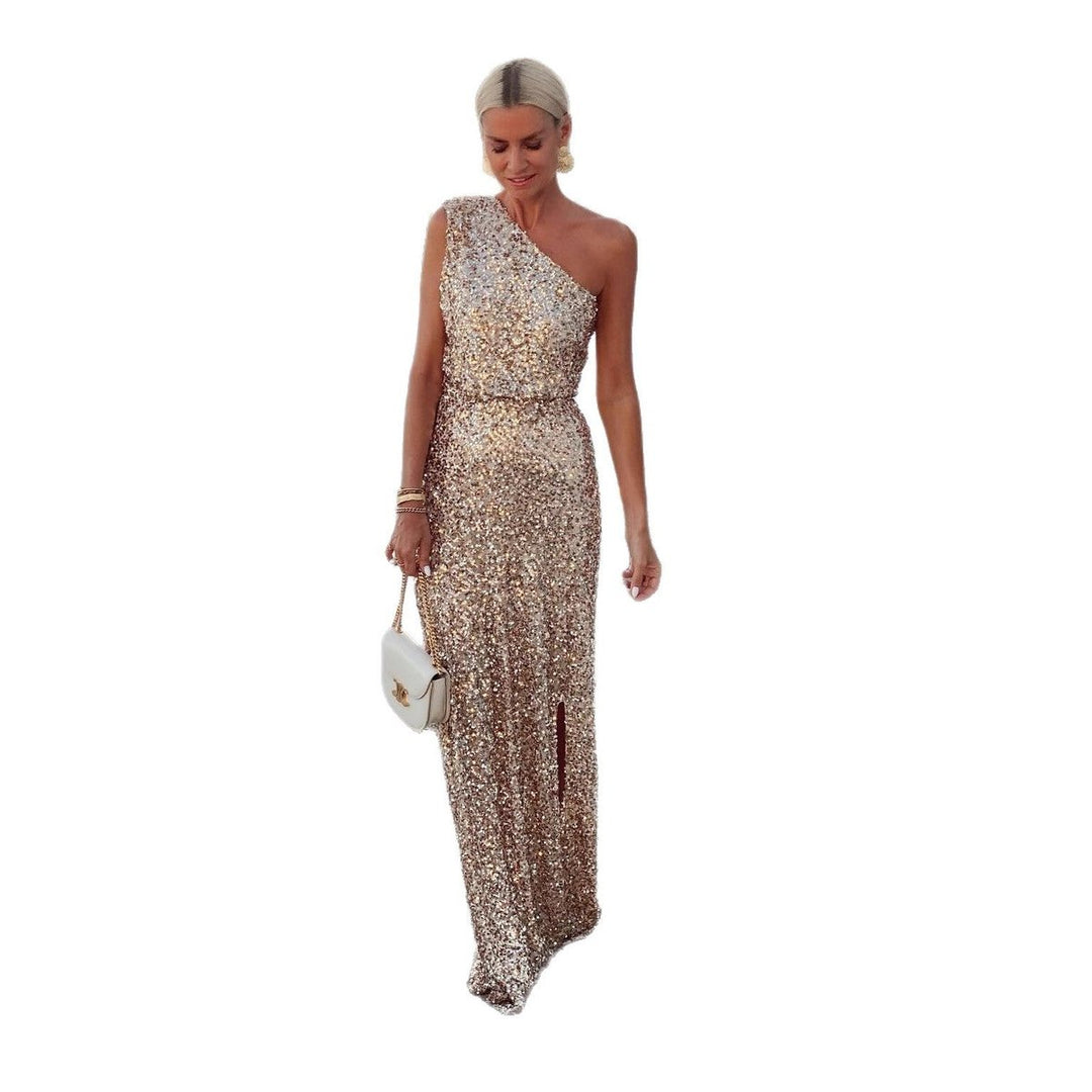 Dames Pailletten One-Shoulder Maxi Cocktaildress Zijsplit