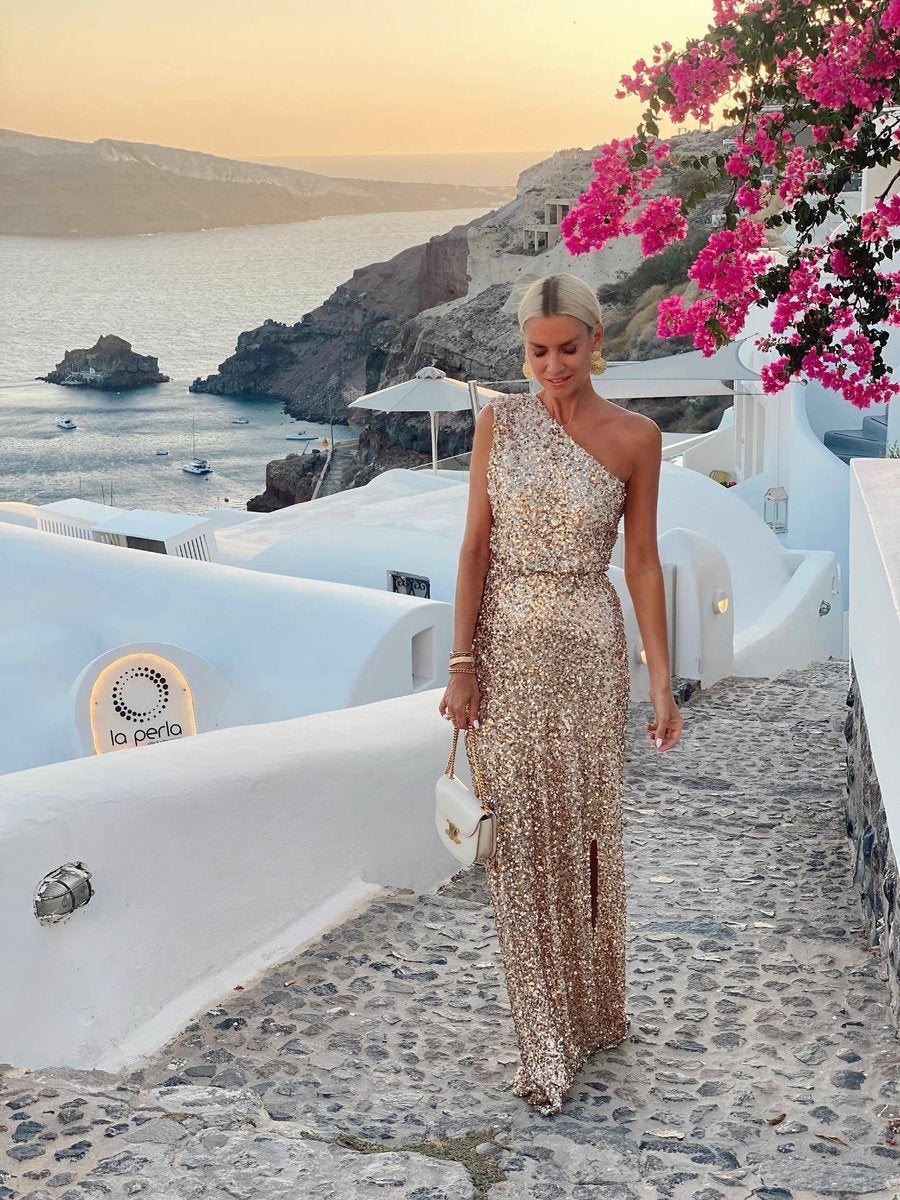 Dames Pailletten One-Shoulder Maxi Cocktaildress Zijsplit - Champagne