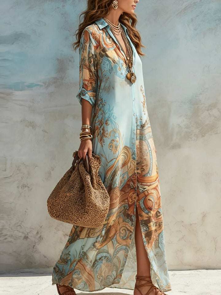 Dames Paisley Print Maxi Midi Dress Blouse Hemdkraag Knopen
