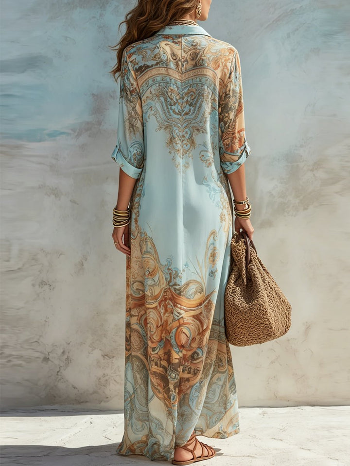 Dames Paisley Print Maxi Midi Dress Blouse Hemdkraag Knopen