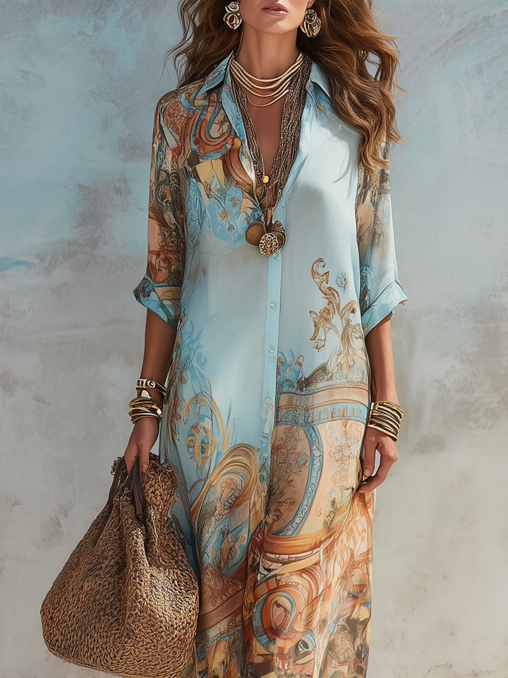Dames Paisley Print Maxi Midi Dress Blouse Hemdkraag Knopen