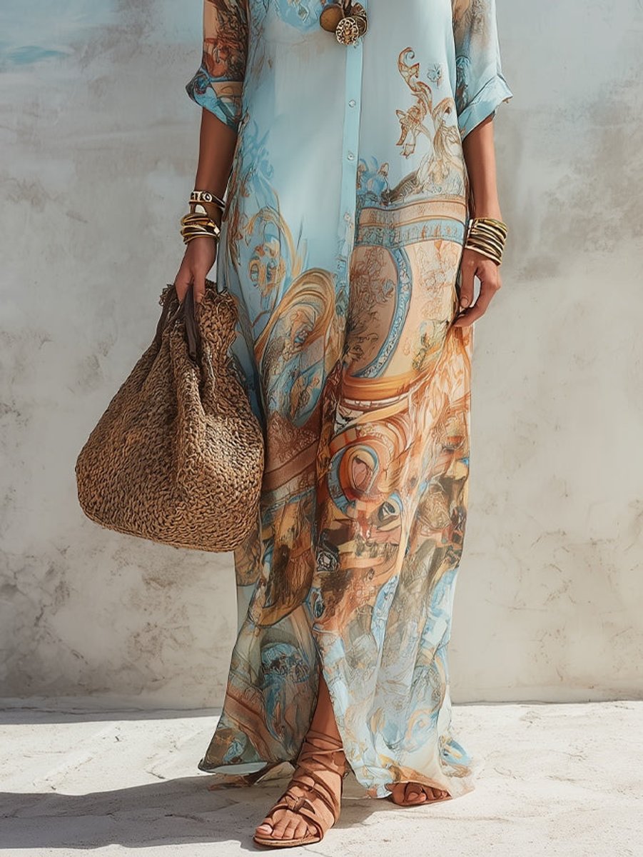 Dames Paisley Print Maxi Midi Dress Blouse Hemdkraag Knopen