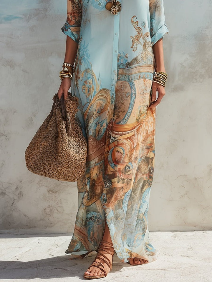 Dames Paisley Print Maxi Midi Dress Blouse Hemdkraag Knopen