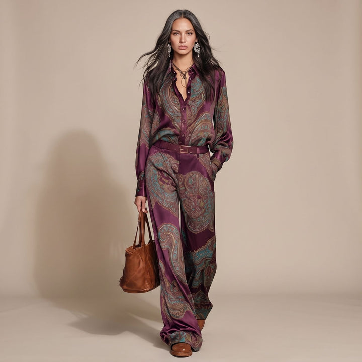 Dames Paisley Print Tweedelige Set Wijdbeens Broek Blouse - Bordeaux