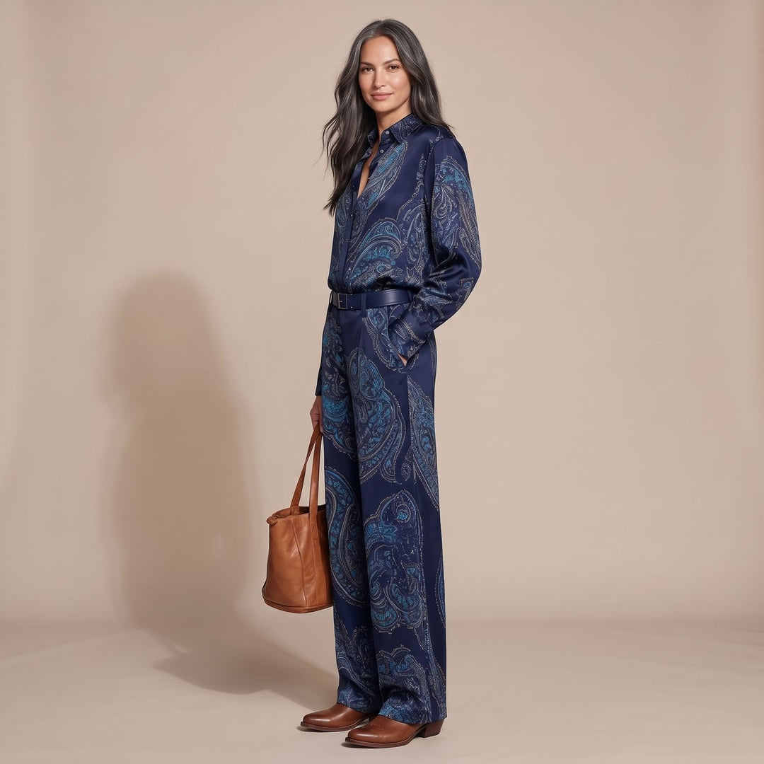 Dames Paisley Print Tweedelige Set Wijdbeens Broek Blouse