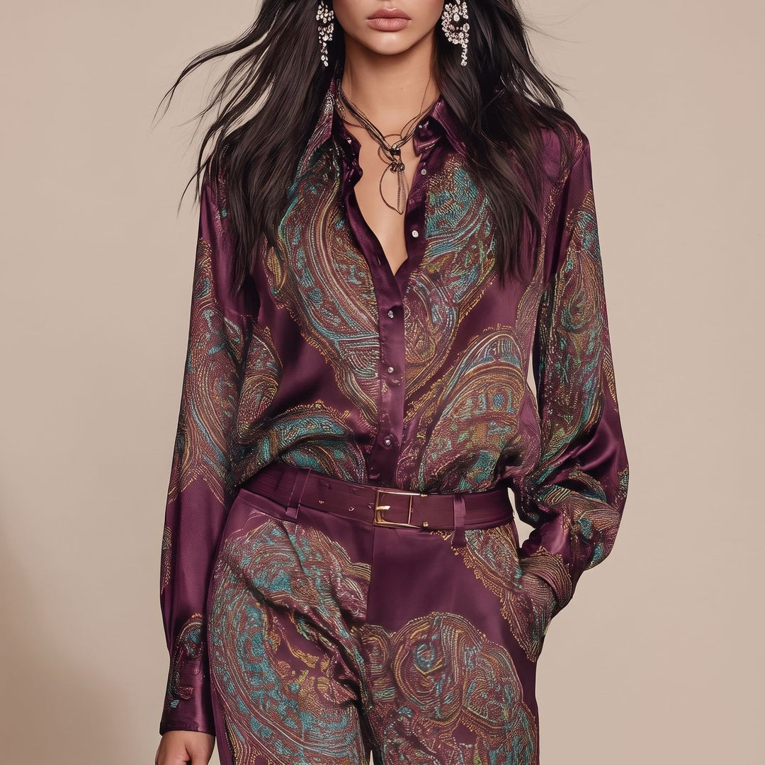 Dames Paisley Print Tweedelige Set Wijdbeens Broek Blouse