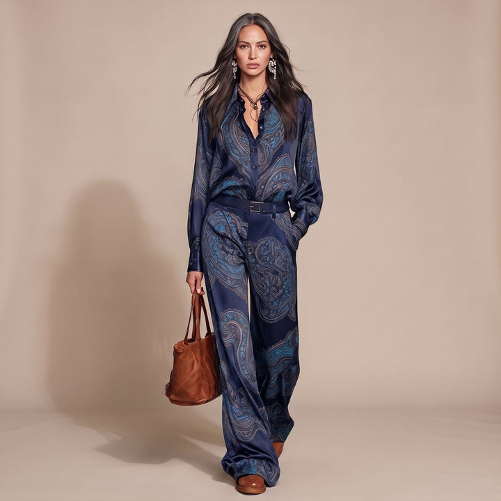 Dames Paisley Print Tweedelige Set Wijdbeens Broek Blouse - Marineblauw