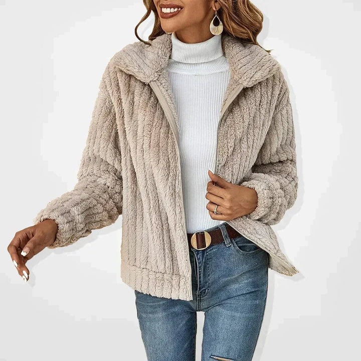 Dames Pluche Fleece Rits Cardigan met Brede Kraag - Beige