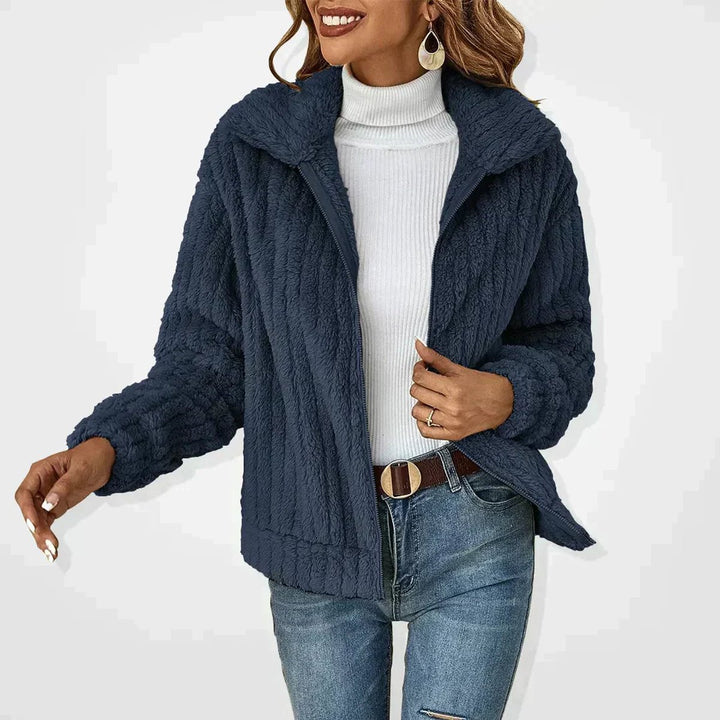 Dames Pluche Fleece Rits Cardigan met Brede Kraag - Marineblauw