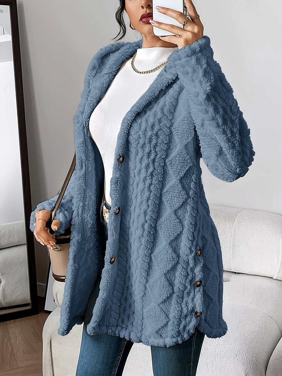 Dames Pluche Gehooded Oversized Knoop Cardigan - Denim Blue