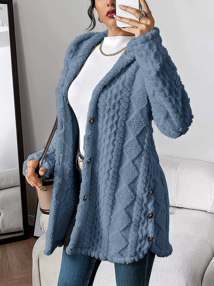 Dames Pluche Gehooded Oversized Knoop Cardigan - Denim Blue