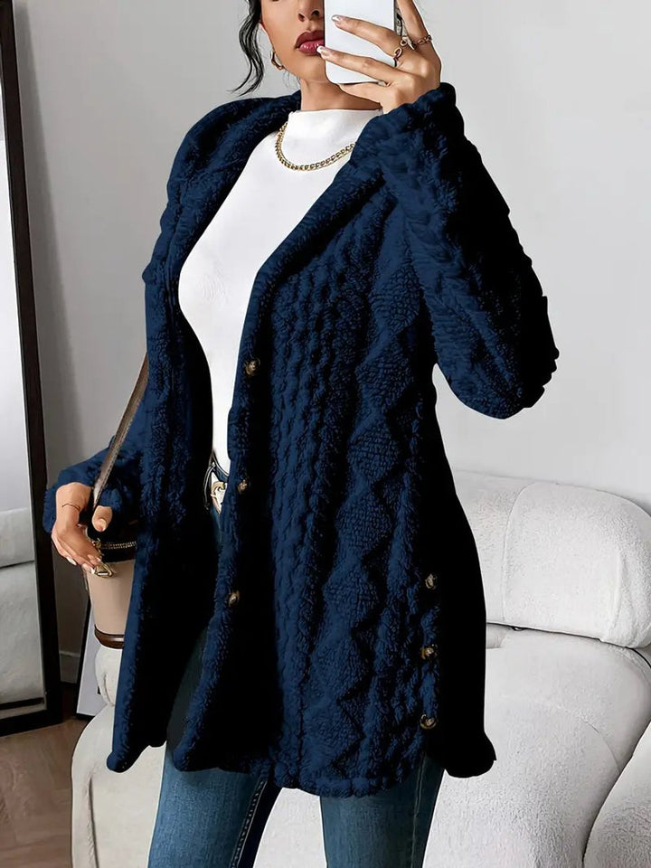 Dames Pluche Gehooded Oversized Knoop Cardigan - Navy Blue