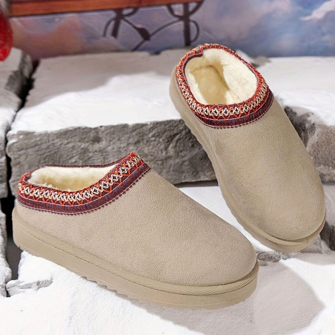 Dames Pluche Gevoerde Slip-On Winterslippers Boho Rand - Beige