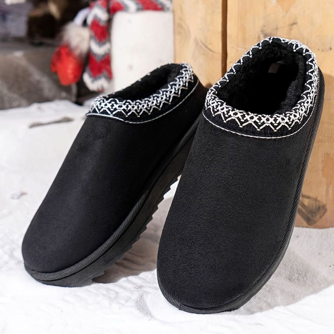 Dames Pluche Gevoerde Slip-On Winterslippers Boho Rand - Zwart