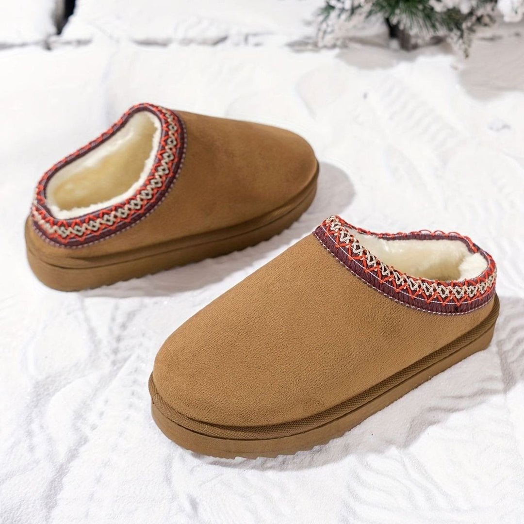 Dames Pluche Gevoerde Slip-On Winterslippers Boho Rand - Lichtbruin