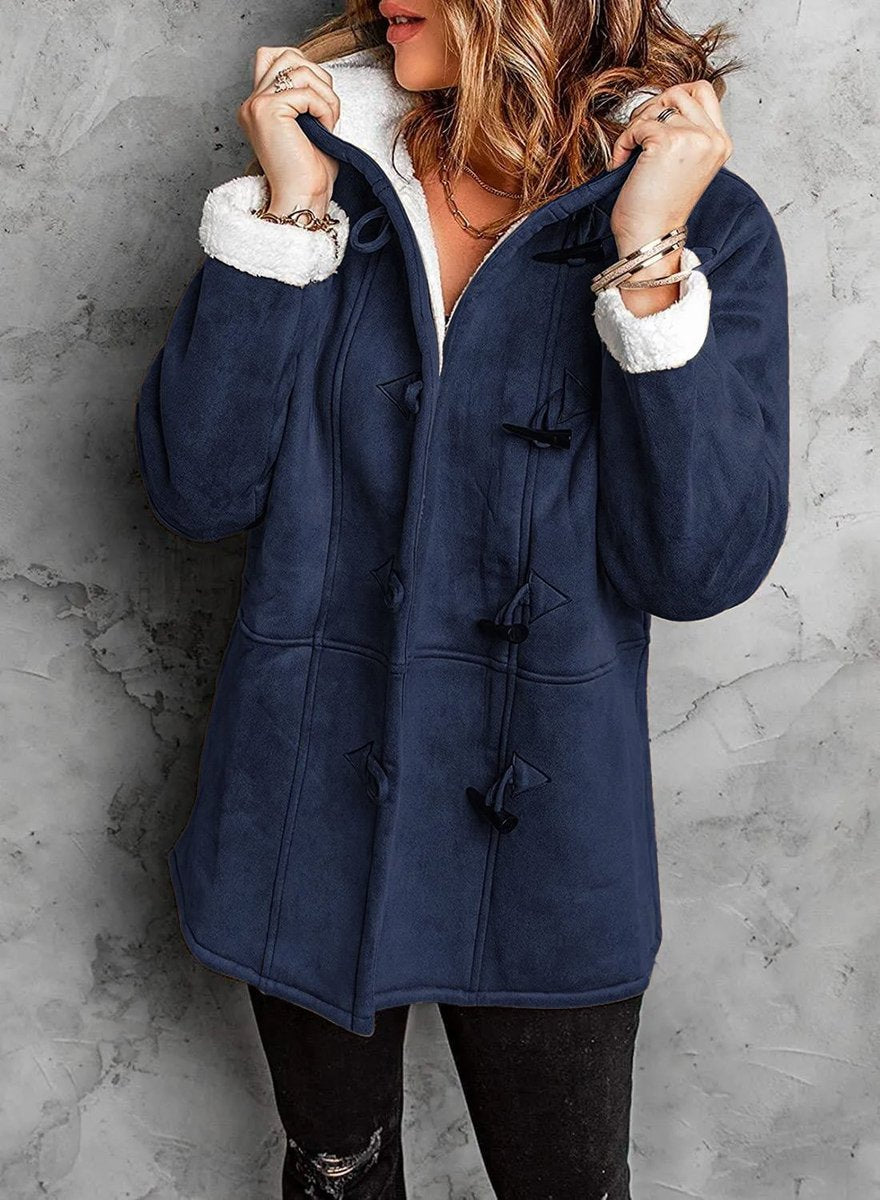 Dames Pluche Gevoerde Winterjas met Kap en Knevelsluitingen - Donkerblauw