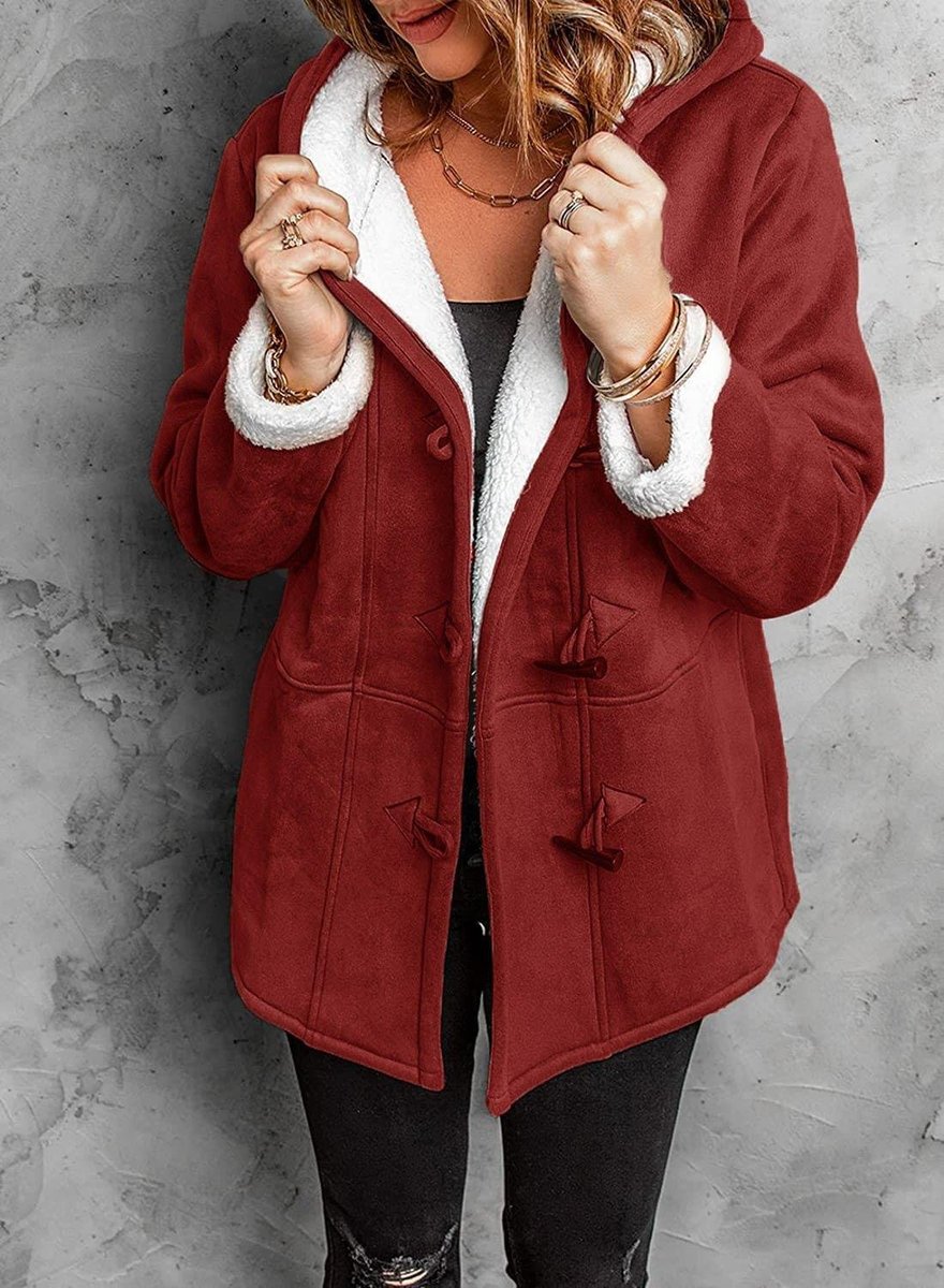 Dames Pluche Gevoerde Winterjas met Kap en Knevelsluitingen - Rood
