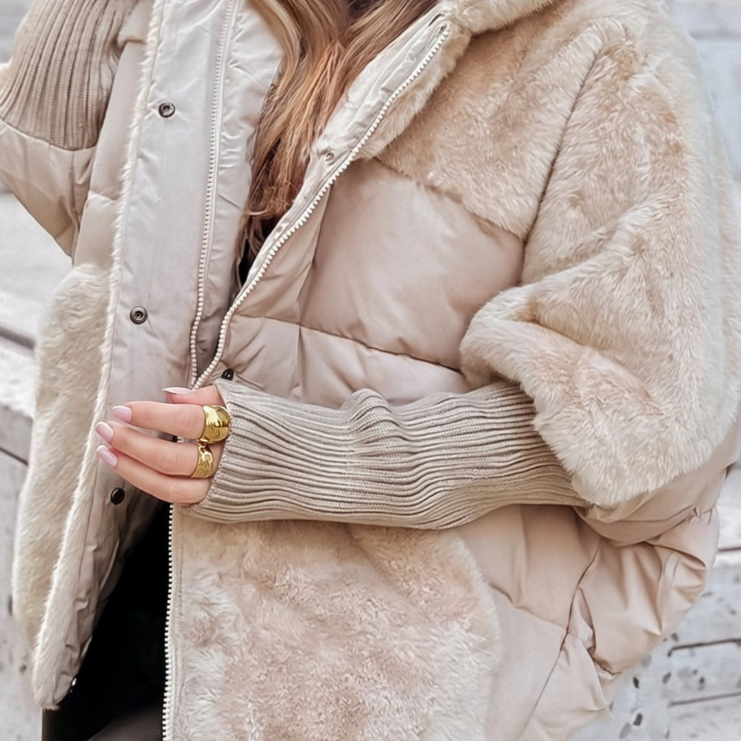 Dames Pluche Gewatteerde Capuchonjack Faux-Fur Geribbelde Manchetten - Beige