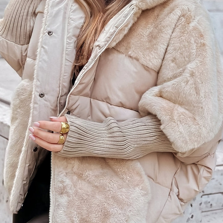 Dames Pluche Gewatteerde Capuchonjack Faux-Fur Geribbelde Manchetten - Beige
