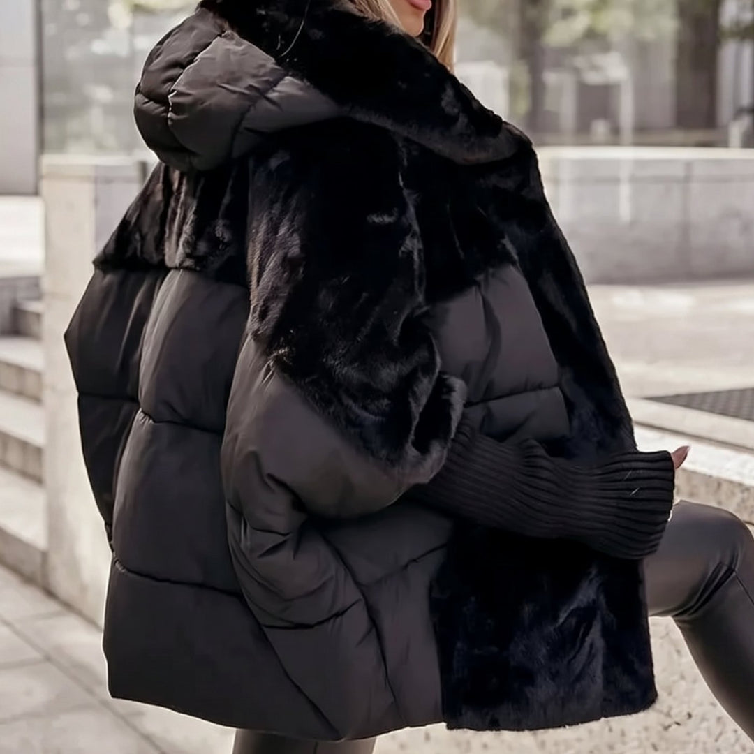Dames Pluche Gewatteerde Capuchonjack Faux-Fur Geribbelde Manchetten - Zwart