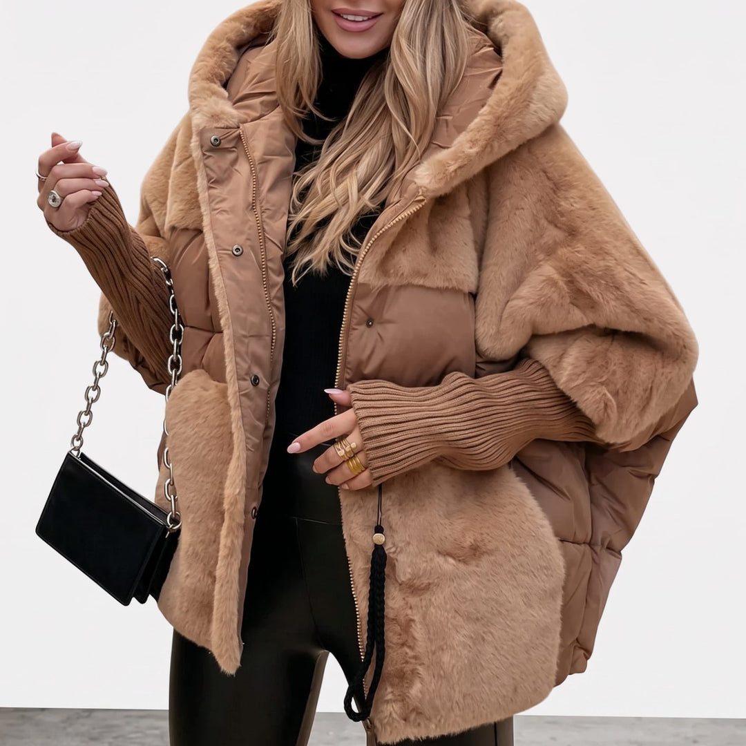Dames Pluche Gewatteerde Capuchonjack Faux-Fur Geribbelde Manchetten - Bruin