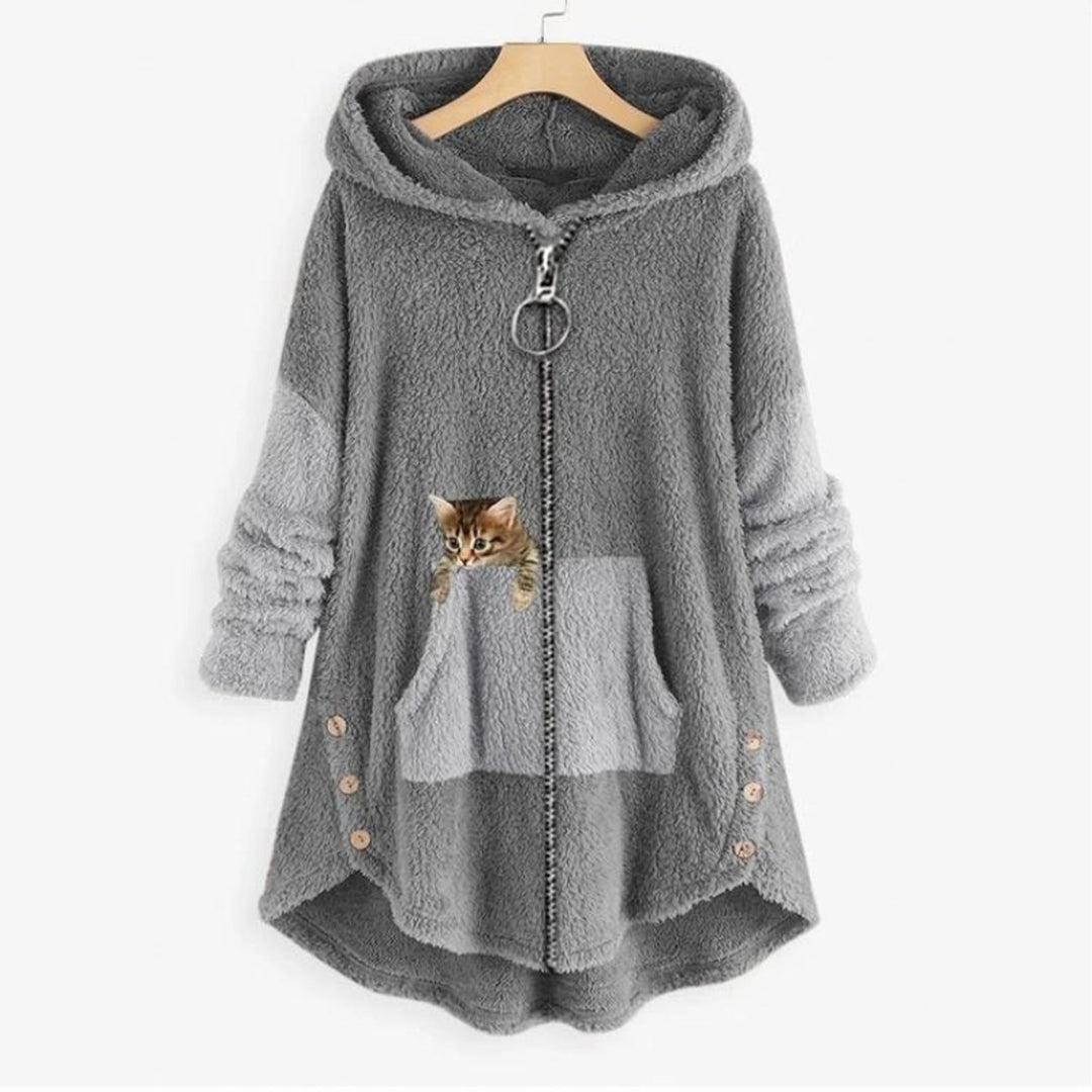 Dames Pluche Hoodie Sweater Women Rits Kattenprint - Grijs