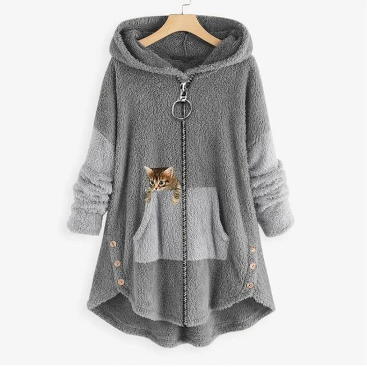 Dames Pluche Hoodie Sweater Women Rits Kattenprint - Grijs