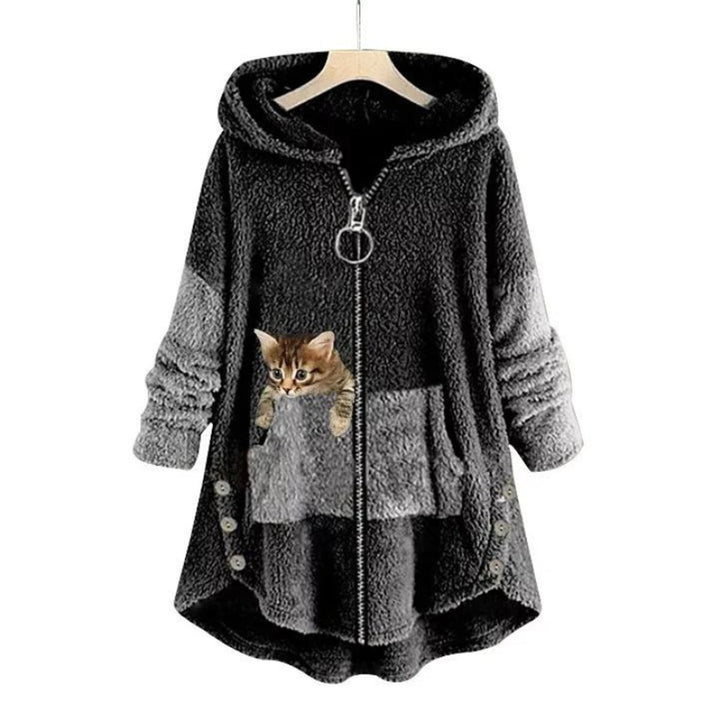Dames Pluche Hoodie Sweater Women Rits Kattenprint - Donkergrijs