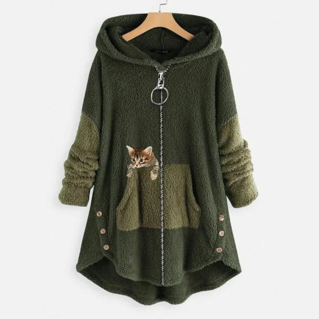 Dames Pluche Hoodie Sweater Women Rits Kattenprint - Groen