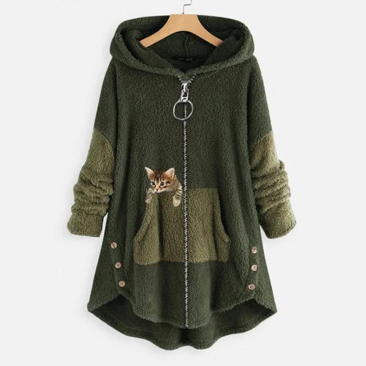 Dames Pluche Hoodie Sweater Women Rits Kattenprint - Groen