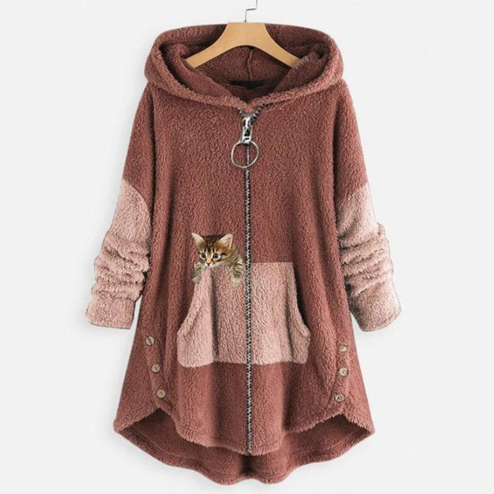 Dames Pluche Hoodie Sweater Women Rits Kattenprint - Roze