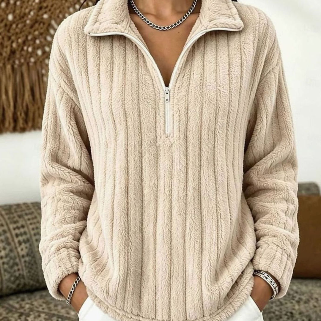 Dames Pluche Ribgebreide Fleece Quarter-Zip Pullover - Abrikoos