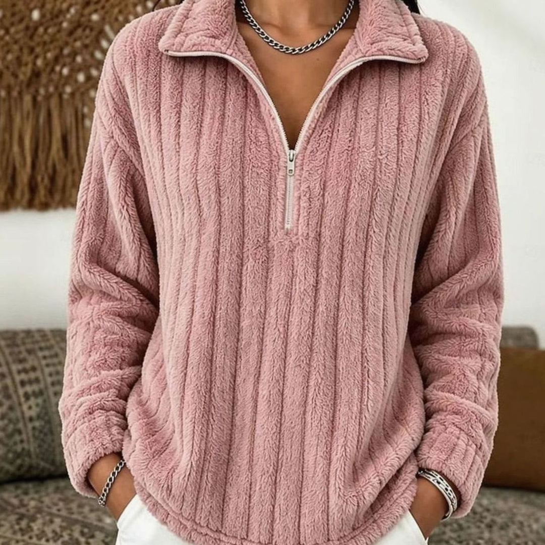 Dames Pluche Ribgebreide Fleece Quarter-Zip Pullover - Roze