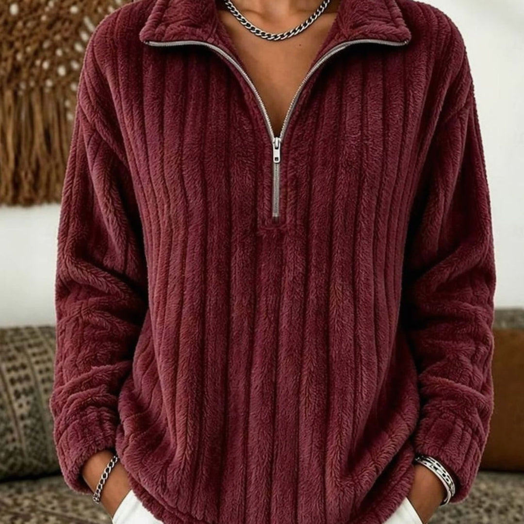 Dames Pluche Ribgebreide Fleece Quarter-Zip Pullover - Rood