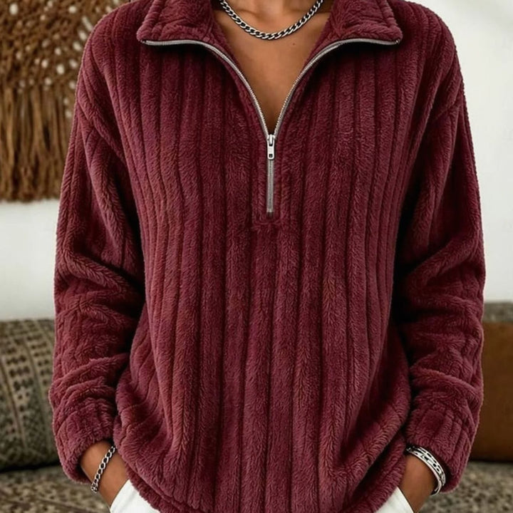 Dames Pluche Ribgebreide Fleece Quarter-Zip Pullover - Rood