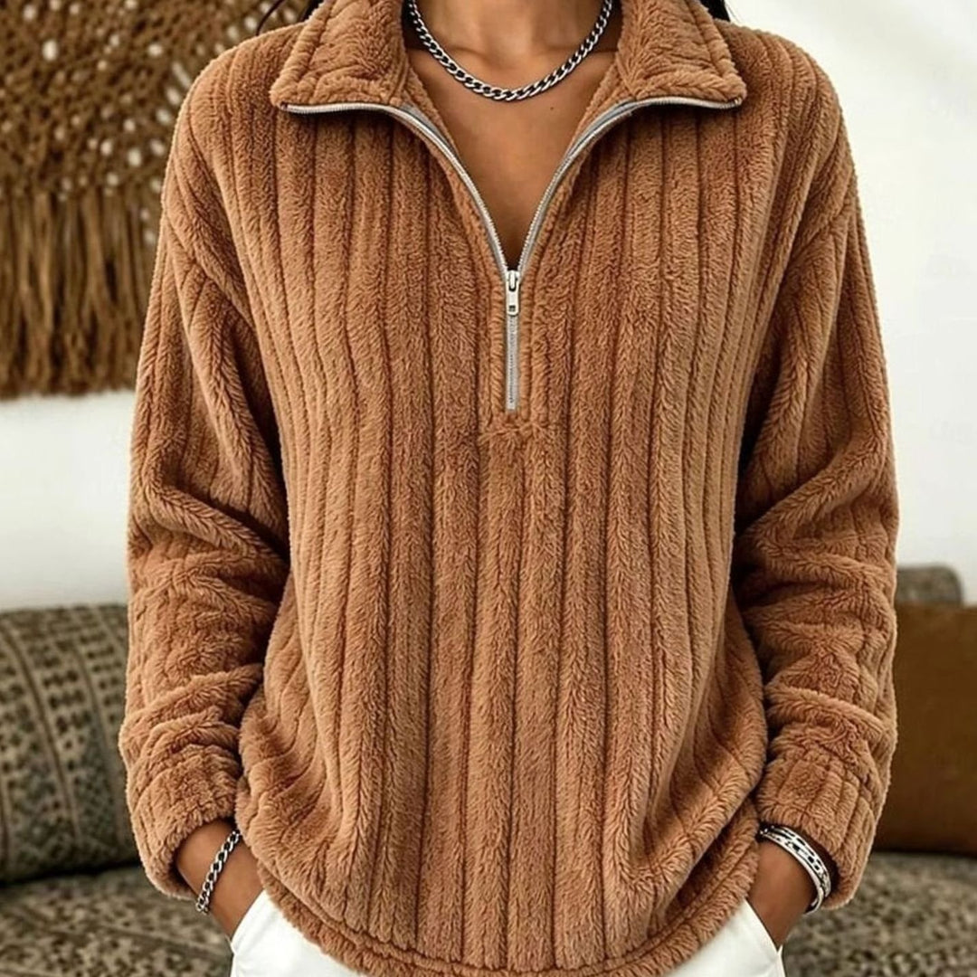 Dames Pluche Ribgebreide Fleece Quarter-Zip Pullover - Lichtbruin