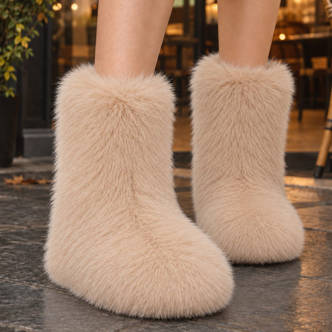 Dames Pluche Slip-On Laarzen met Ronde Neus Middenkuit - Beige