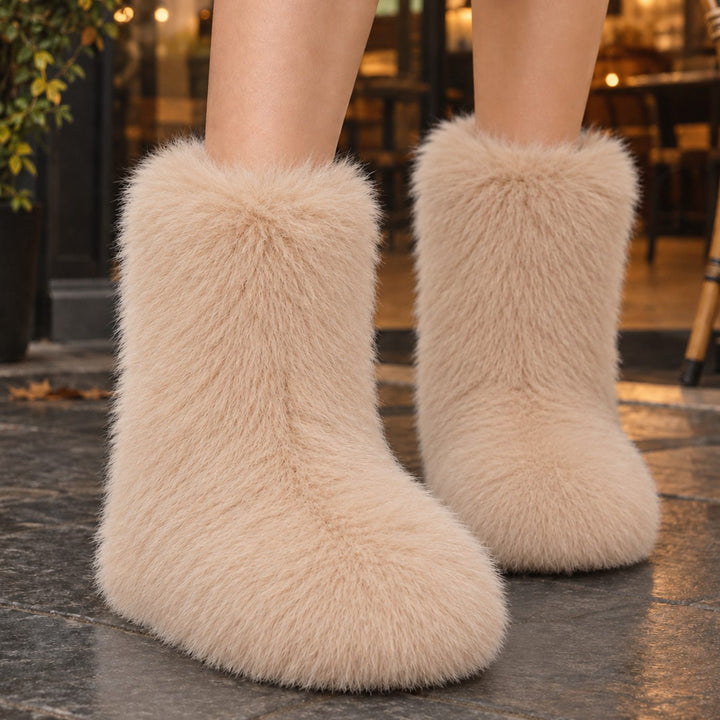 Dames Pluche Slip-On Laarzen met Ronde Neus Middenkuit - Beige