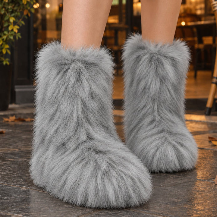 Dames Pluche Slip-On Laarzen met Ronde Neus Middenkuit - Lichtgrijs