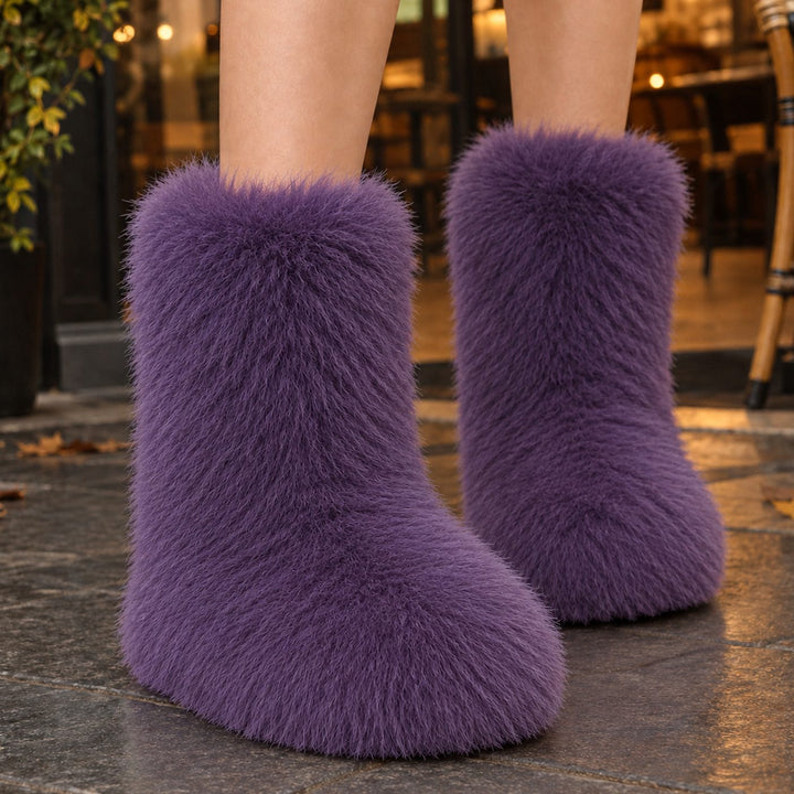 Dames Pluche Slip-On Laarzen met Ronde Neus Middenkuit - Paars