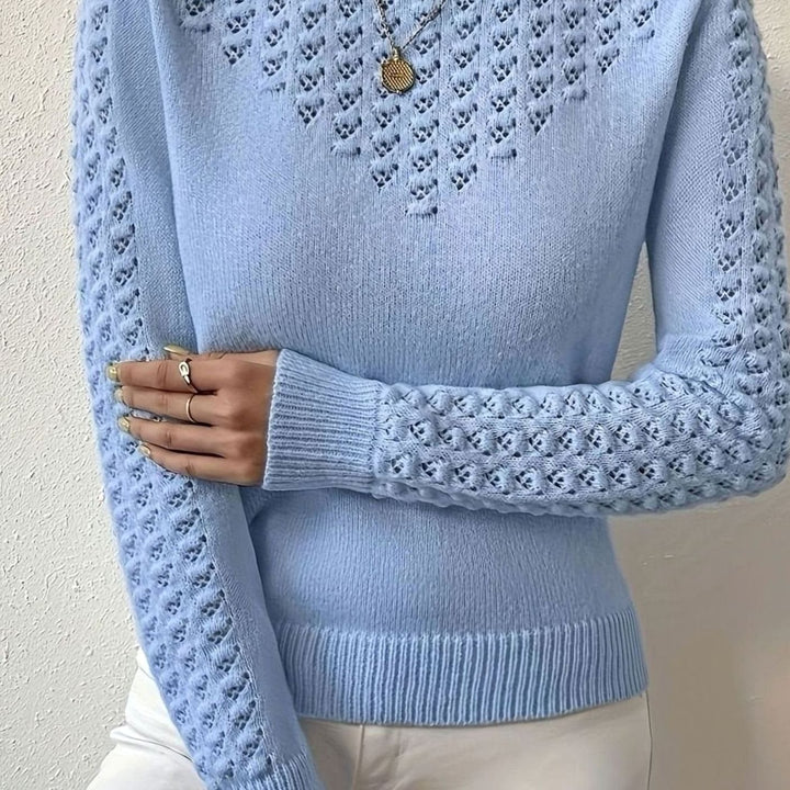 Dames Pointelle-Gebreide Ronde Hals Longsleeve Trui - Lichtblauw