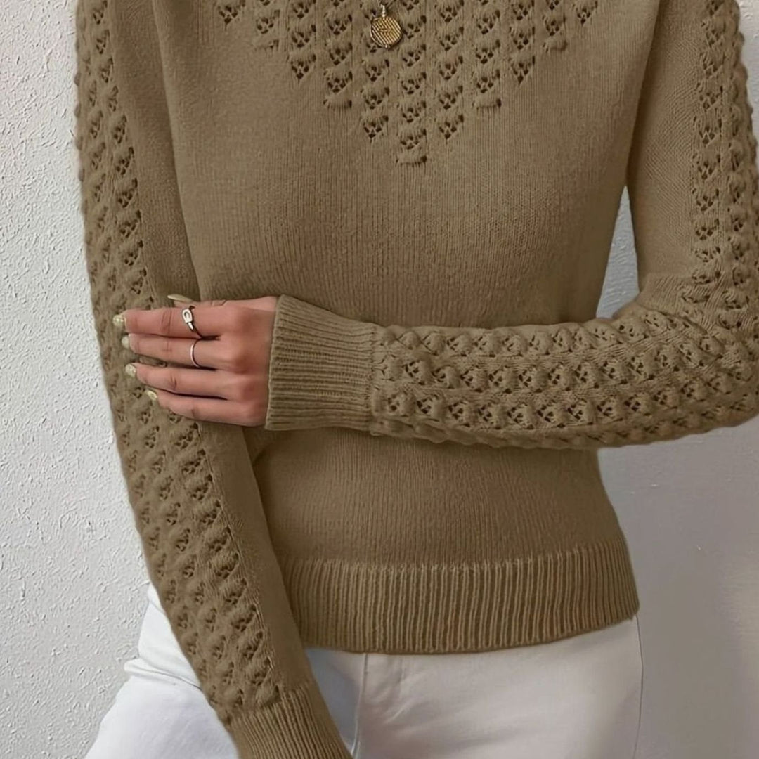 Dames Pointelle-Gebreide Ronde Hals Longsleeve Trui - Bruin