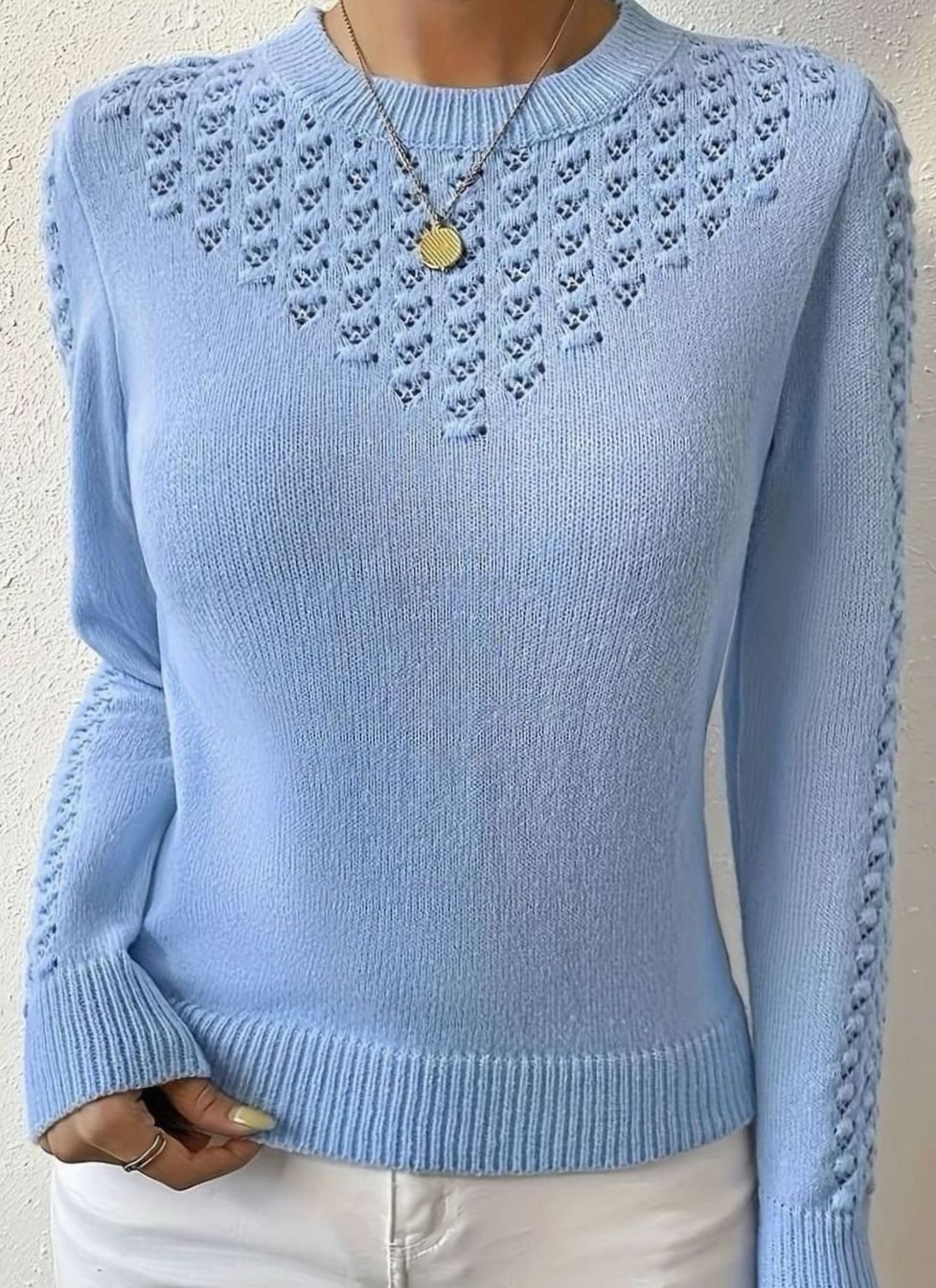 Dames Pointelle-Gebreide Ronde Hals Longsleeve Trui